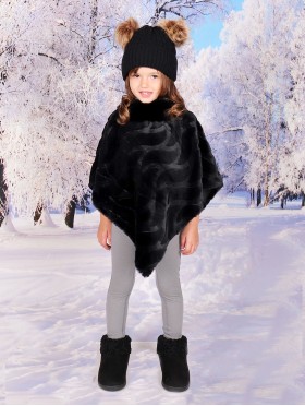 Kids Soft Faux Fur Poncho W/  Wave Pattern and Faux Fur Neckline (3-7 Years Old) 